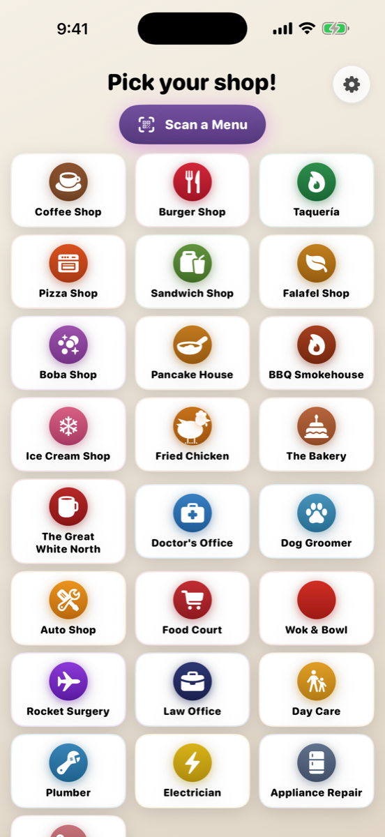 Shop picker on iPhone showing the same 25 shops as a scrollable grid
